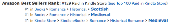 Knights in Shining Armor, a digital boxed set of medieval romances by Claire Delacroix, at #1 in Medieval Romance, #1 in Scottish Romance and #129 overall paid in the Kindle store on August 29, 2018