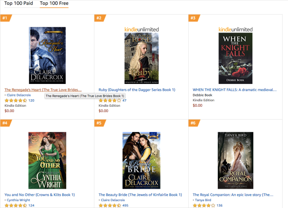 The Renegade's Heart, a medieval Scottish romance by Claire Delacroix, at #1 free Medieval Romance in the Kindle store on October 24, 2019