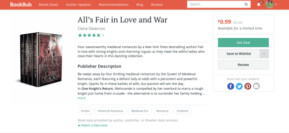 BookBub Featured Deal for All's Fair in Love and War by Claire Delacroix April 22, 2020