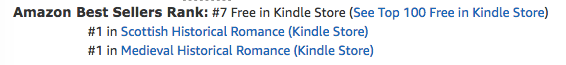 The Frost Maiden's Kiss at #1 in medieval romance, #1 in Scottish romance and #7 overall free in the Kindle store on June 10 2020