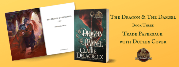digital mock-up of trade paperback with duplex cover illustration for The Dragon & the Damsel by Claire Delacroix