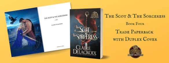 digital mock-up of trade paperback with duplex cover illustration for The Scot & the Sorceress by Claire Delacroix