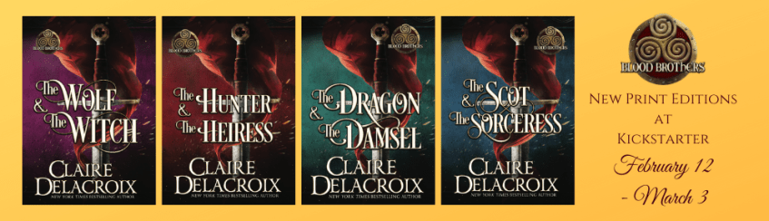 New print editions of the Blood Brothers series of medieval Scottish romances by Claire Delacroix coming to Kickstarter in February 2024