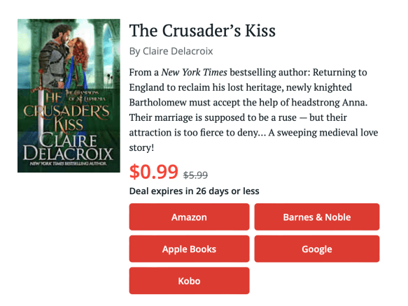 BookBub Featured Deal for The Crusader's Kiss, October 2, 2024