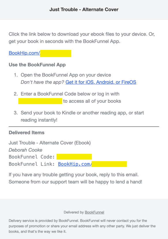 BookFunnel email, fulfilling ebook order